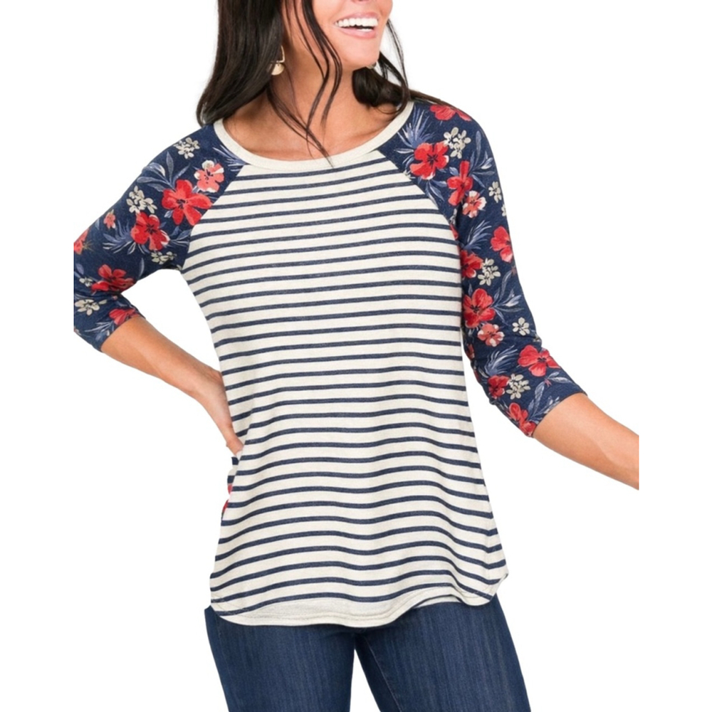 NWOT Three Hearts Long Sleeve Tee L White Navy Blue Floral Striped